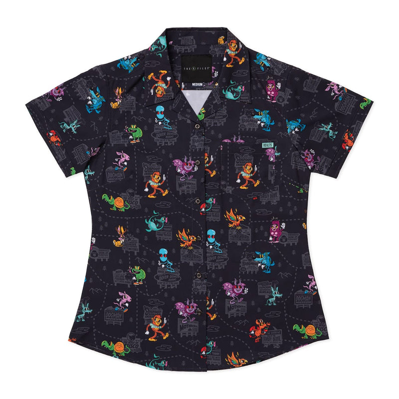 RSVLTS Cryptid Country Women's KUNUFLEX Short Sleeve Shirt in Black — front view