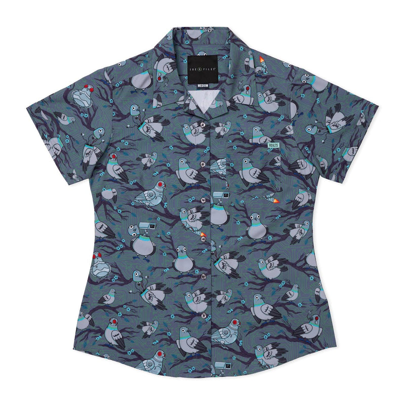 RSVLTS Bird Watching Women's KUNUFLEX Short Sleeve Shirt in Gray — front view