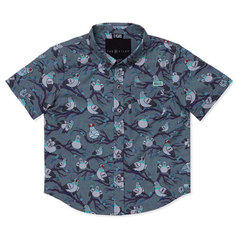 RSVLTS Bird Watching Preschool KUNUFLEX Short Sleeve Shirt in Gray — front view