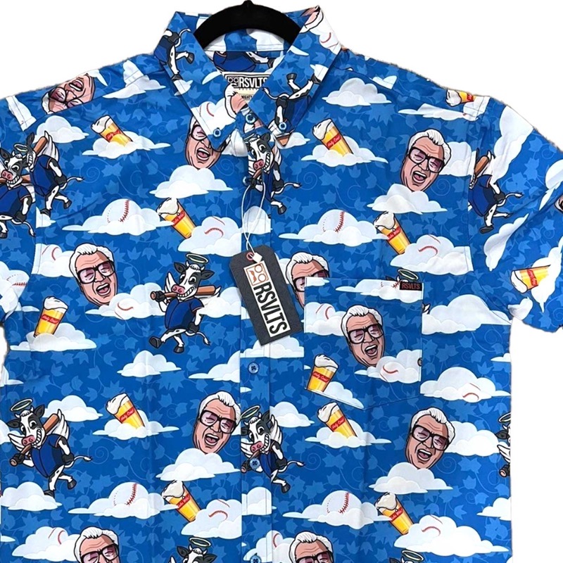RSVLTS Harry Caray “Holy Cow!” (Clark Street) KUNUFLEX Short Sleeve Shirt in Blue — front view