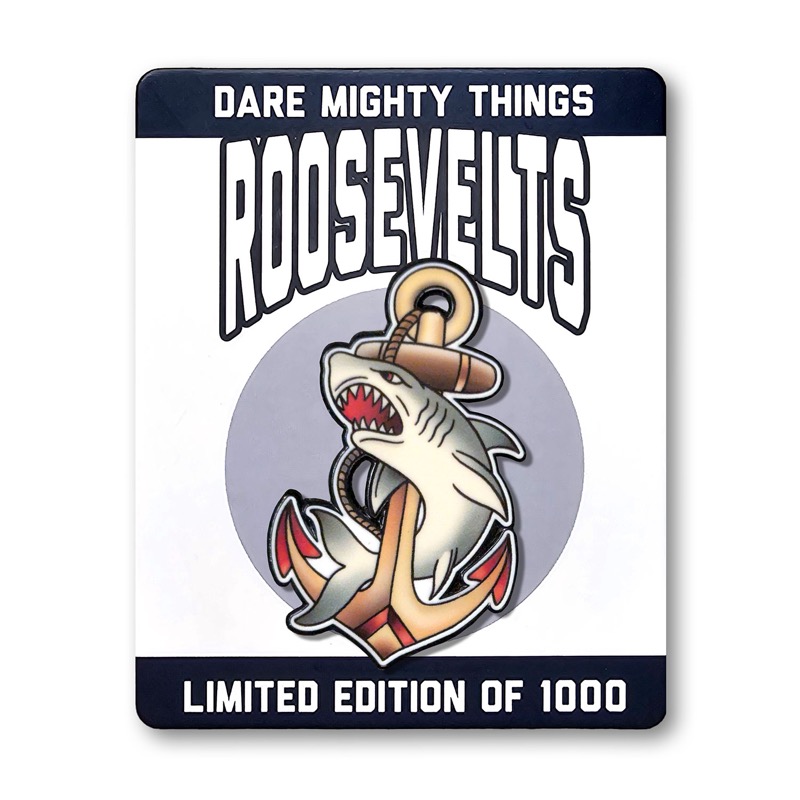RSVLTS Grandpa's Forearm (Shark) Enamel Pin in Brown/Tan — front view