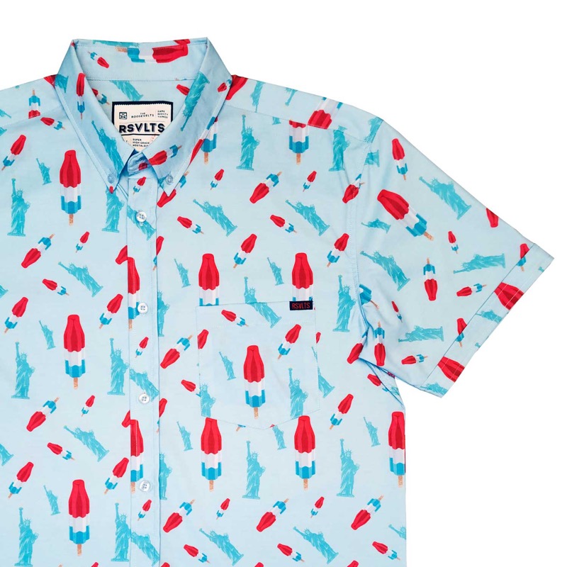 RSVLTS America Pops and Freedom (colorway) KUNUFLEX Short Sleeve Shirt in Light Blue — front view