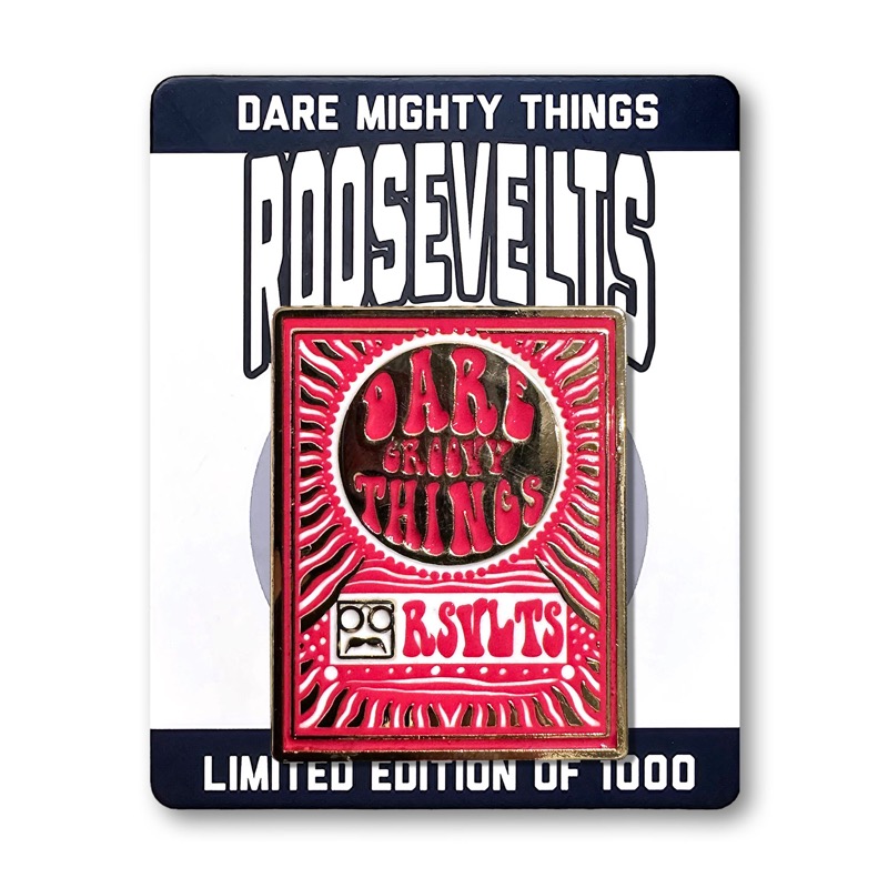 RSVLTS Dare Groovy Things Enamel Pin in Red — front view
