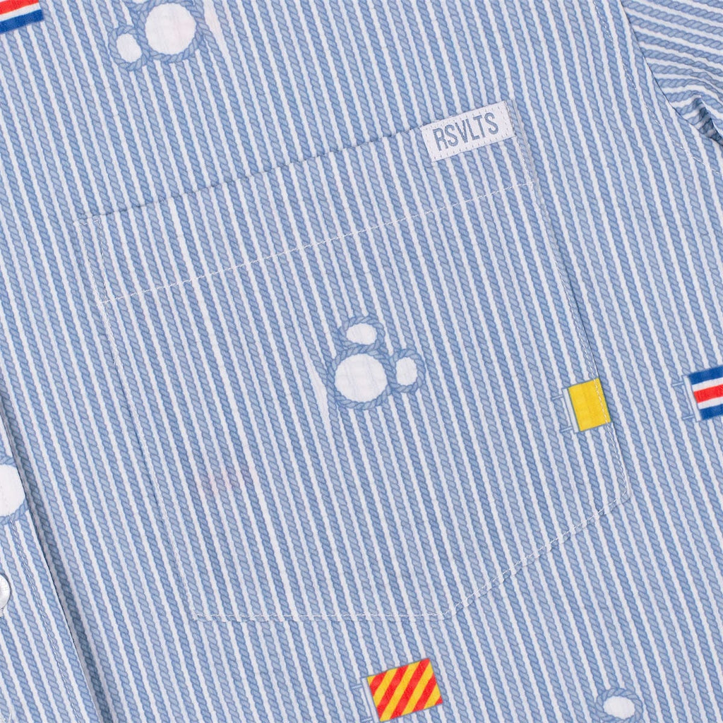 RSVLTS Maritime Mickey Stretch Seersucker Short Sleeve Shirt in Blue — detail 4