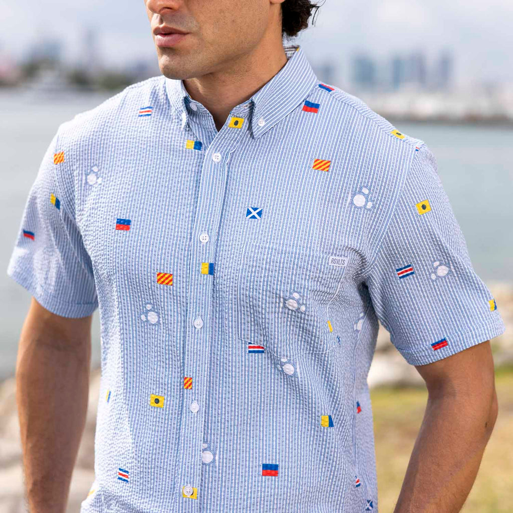 RSVLTS Maritime Mickey Stretch Seersucker Short Sleeve Shirt in Blue — detail 7