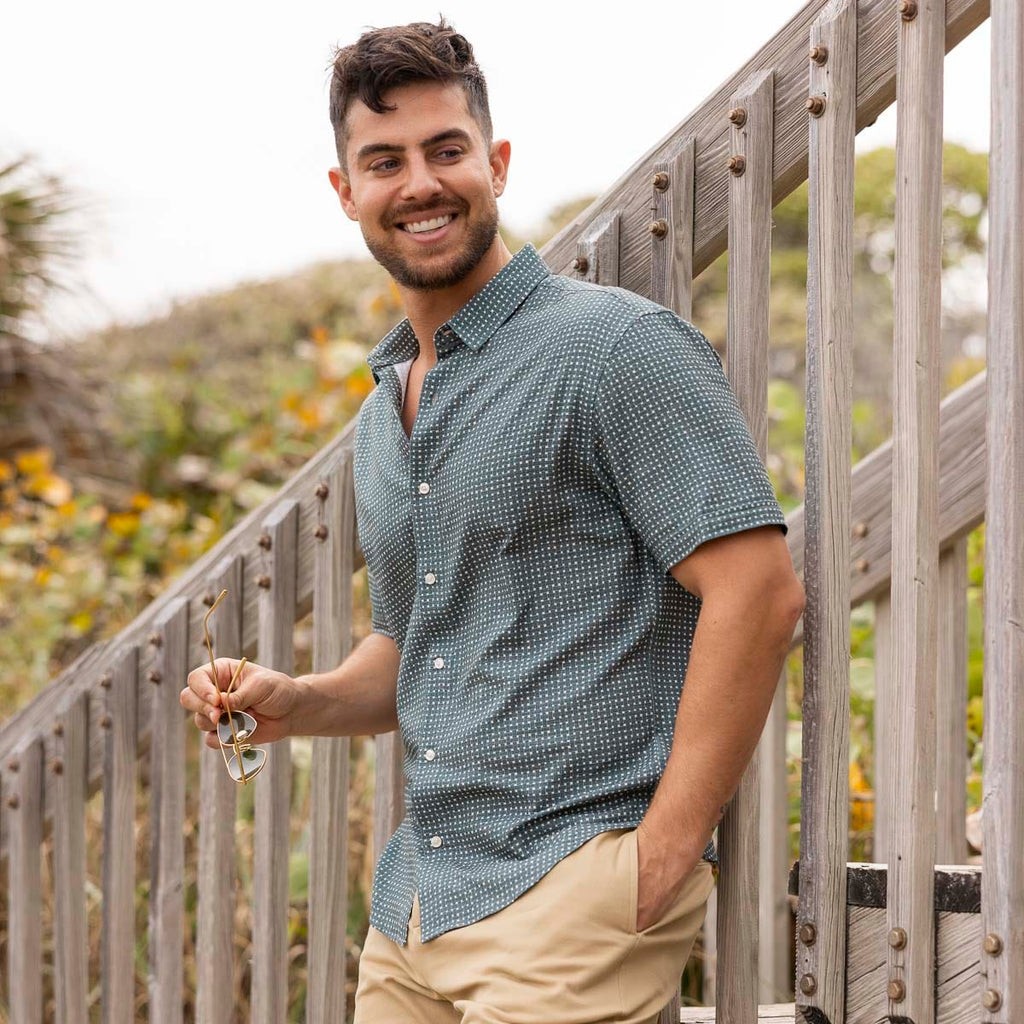 RSVLTS Palm Weave Bamboo Short Sleeve Shirt in Green — detail 5