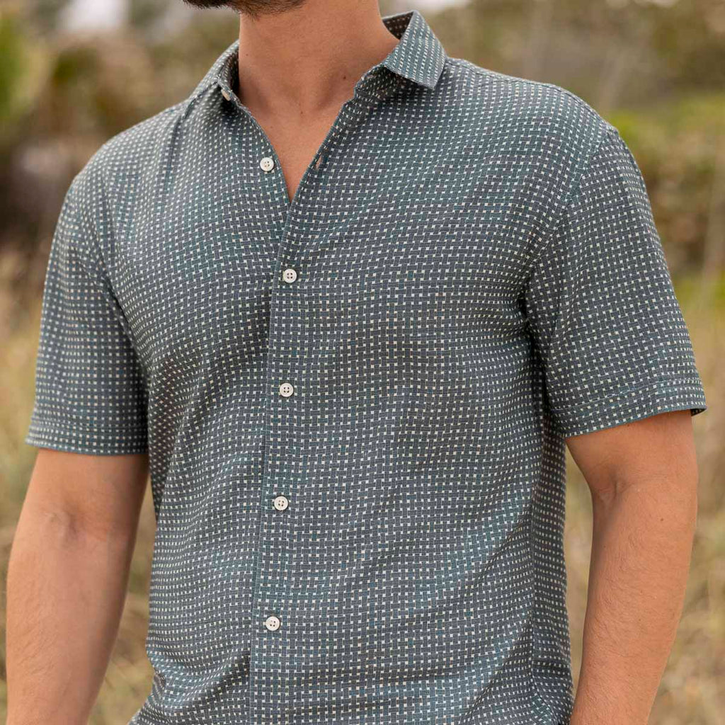 RSVLTS Palm Weave Bamboo Short Sleeve Shirt in Green — front view