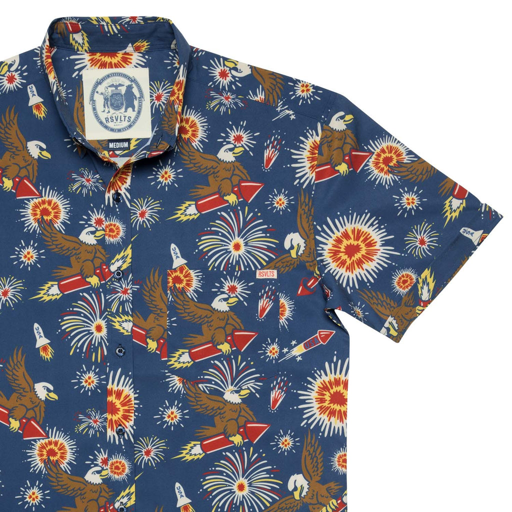 RSVLTS Rocket’s Rad Glare KUNUFLEX Short Sleeve Shirt in Blue — front view