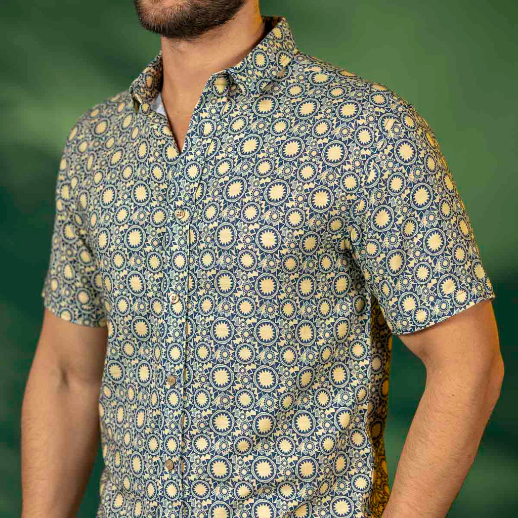 RSVLTS Sunburst Bamboo Short Sleeve Shirt in Blue — front view