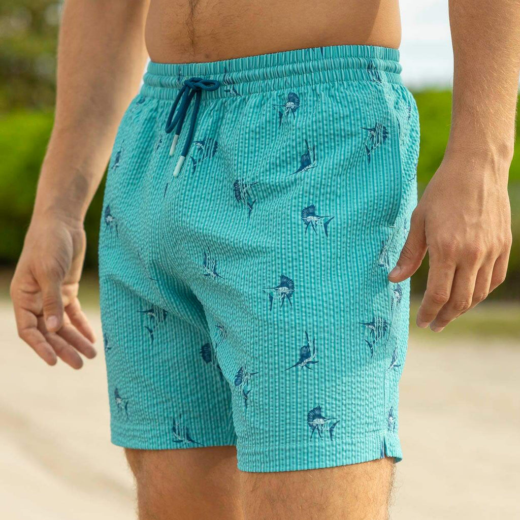 RSVLTS Sailfish Stretch Seersucker Hybrid Shorts in Green — front view