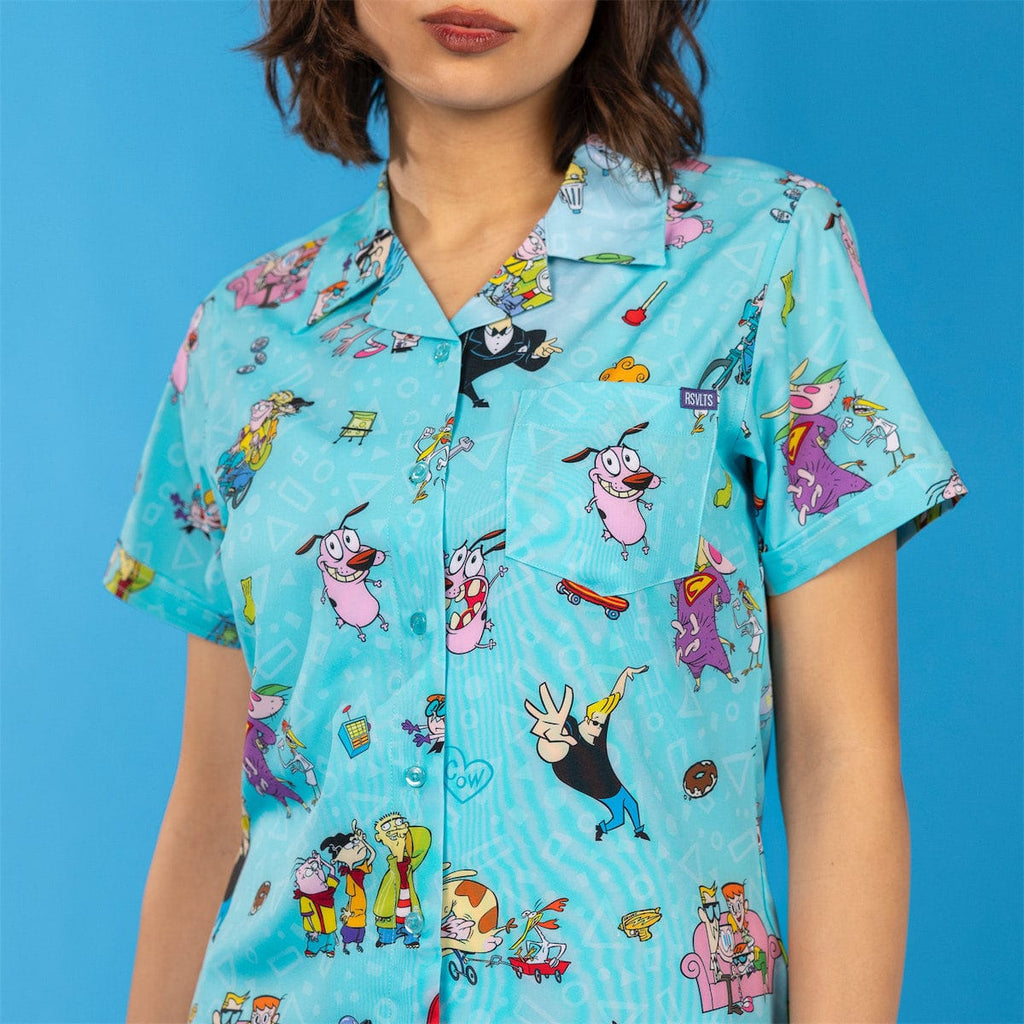 RSVLTS Friday Lineup Women's KUNUFLEX Short Sleeve Shirt in Blue — front view