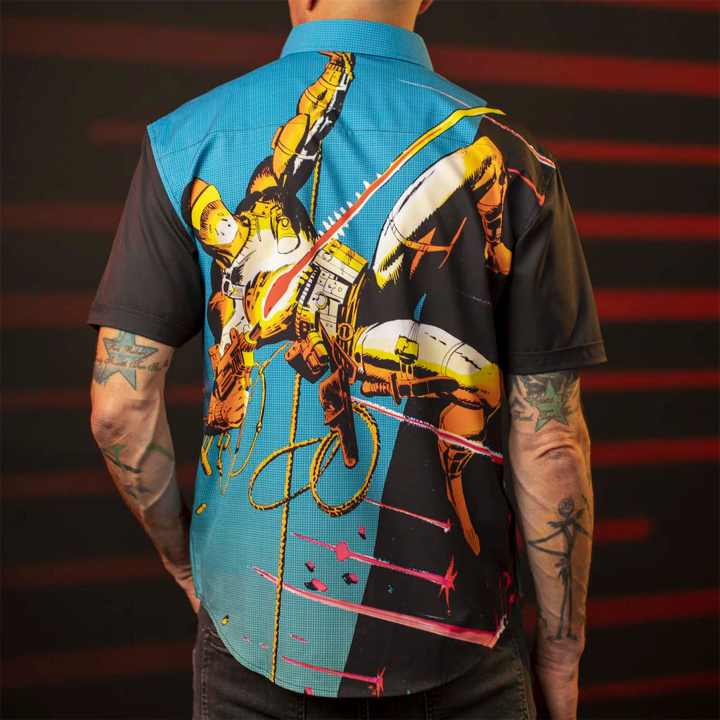 RSVLTS Silent Interlude KUNUFLEX Short Sleeve Shirt in Black — front view