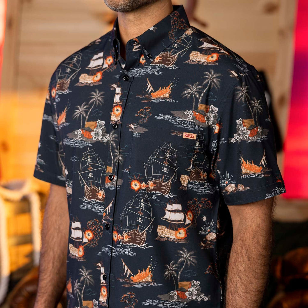 RSVLTS Days of Plunder KUNUFLEX Short Sleeve Shirt in Black — front view