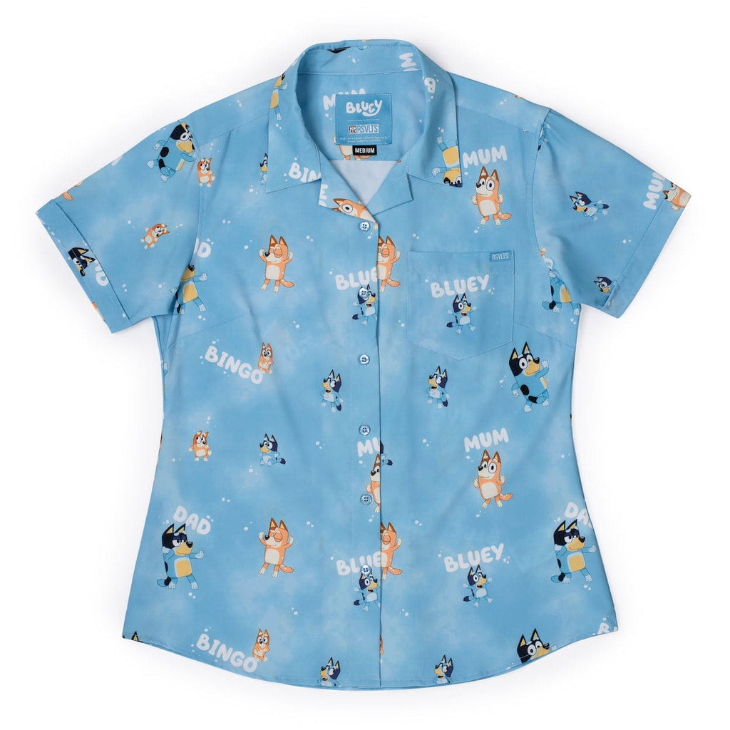 RSVLTS Meet the Heelers Women's KUNUFLEX Short Sleeve Shirt in Blue — front view