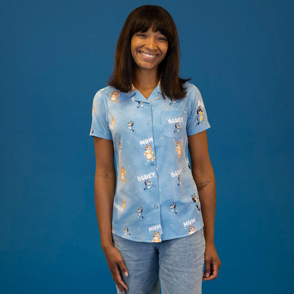 RSVLTS Meet the Heelers Women's KUNUFLEX Short Sleeve Shirt in Blue — detail 4