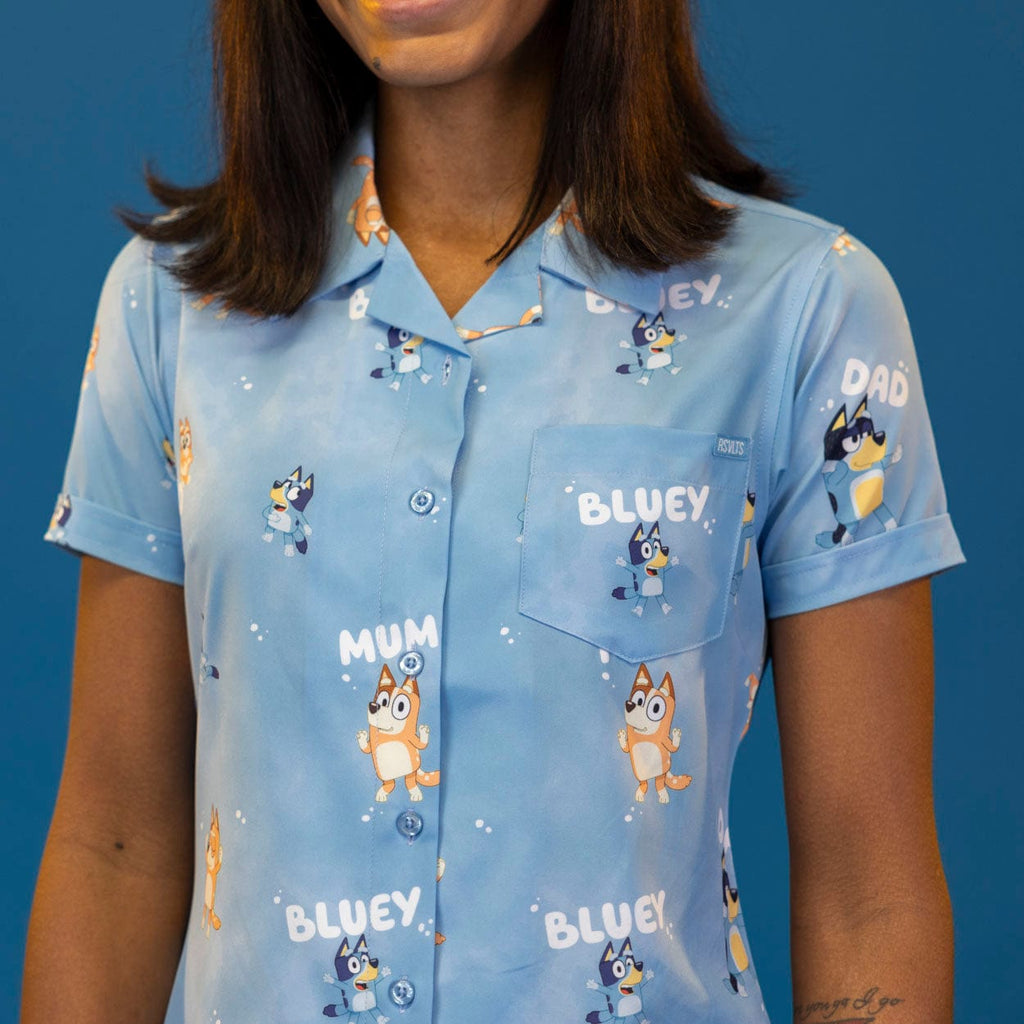 RSVLTS Meet the Heelers Women's KUNUFLEX Short Sleeve Shirt in Blue — detail 6
