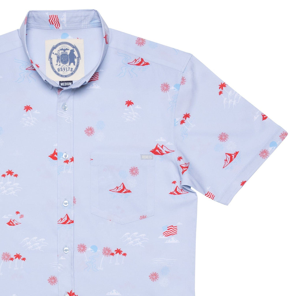 RSVLTS Sea To Shining Sea KUNUFLEX Short Sleeve Shirt in Blue — front view