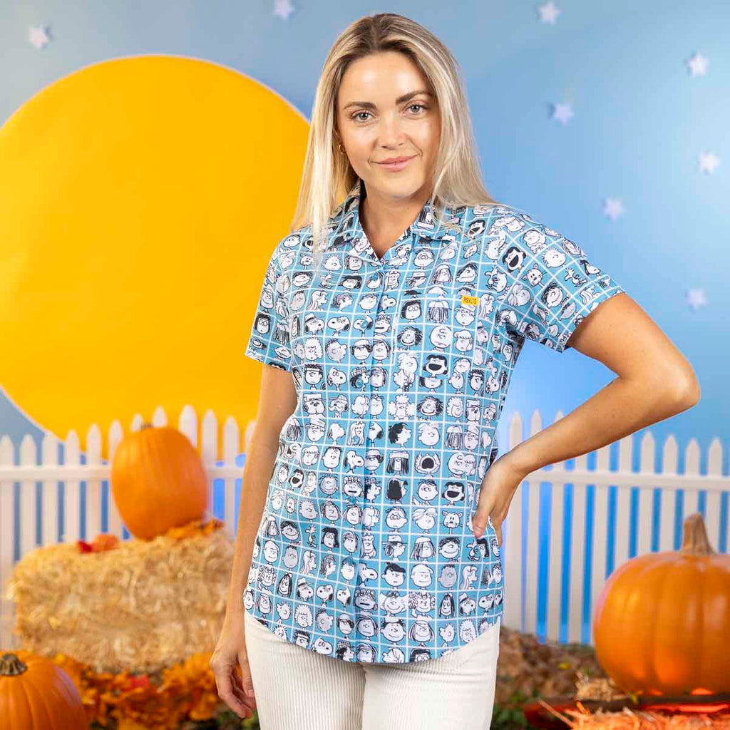 RSVLTS The Peanut Gallery Women's KUNUFLEX Short Sleeve Shirt in Blue — front view