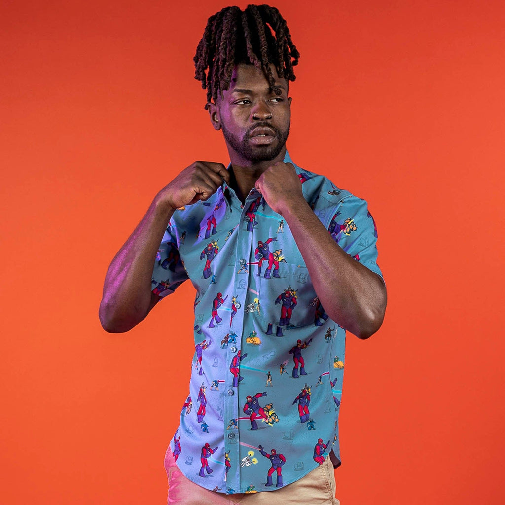 RSVLTS Night of the Sentinels KUNUFLEX Short Sleeve Shirt in Blue — detail 9