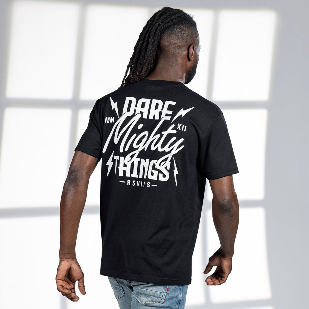 RSVLTS Dare Mighty Things Voltage Crewneck Tee in Black — front view