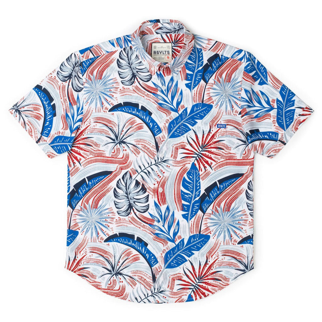 RSVLTS Palms Bursting in Air KUNUFLEX Short Sleeve Shirt in Blue — detail 7