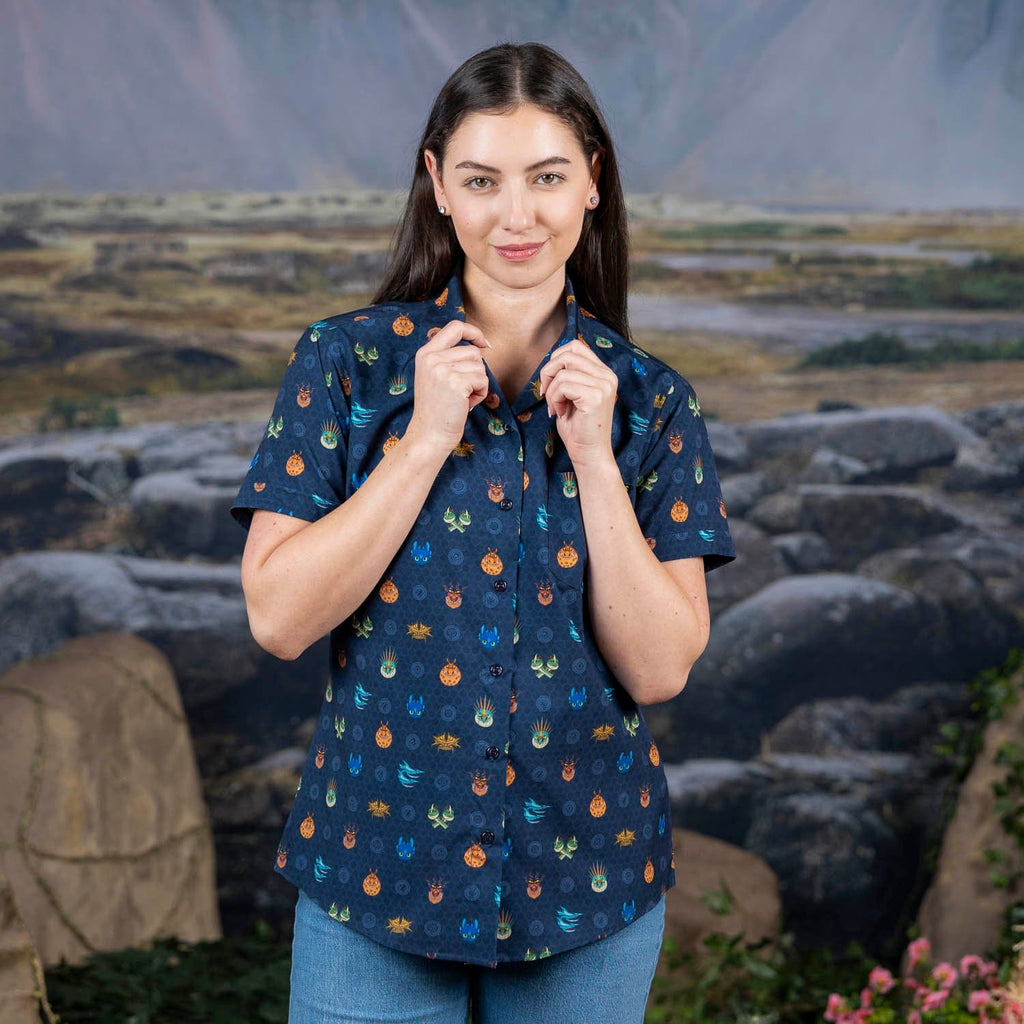RSVLTS Fiery Faces Women's KUNUFLEX Short Sleeve Shirt in Blue — front view