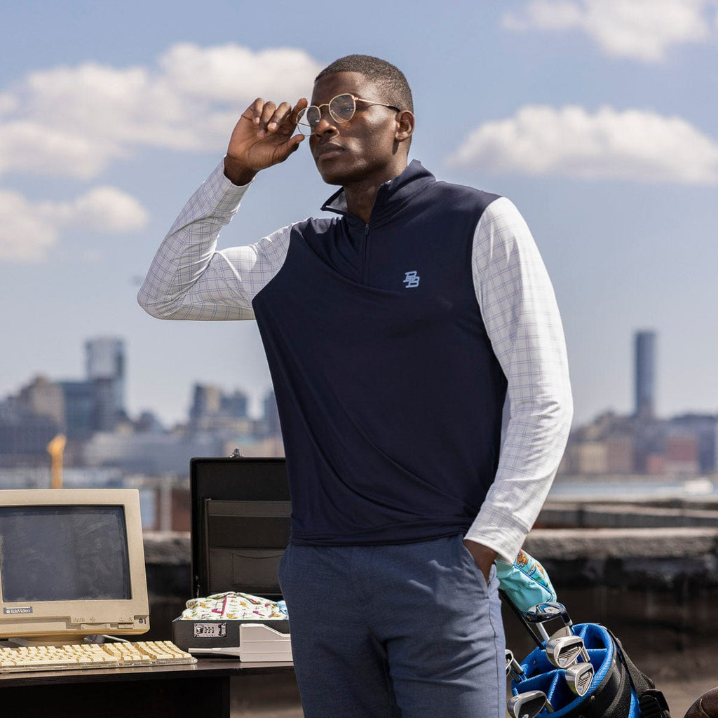 RSVLTS Finance Bro Blue (Monogram) Quarter Zip in Blue — front view
