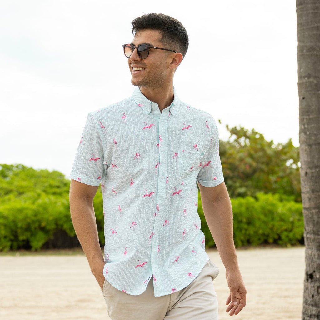 RSVLTS Mingos Stretch Seersucker Short Sleeve Shirt in Blue — detail 2