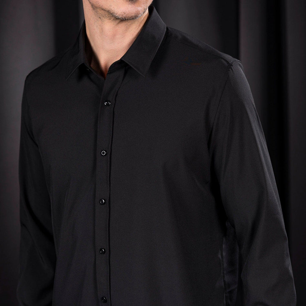 RSVLTS Black Good Looks KUNUFLEX Dress Shirt in Black — front view