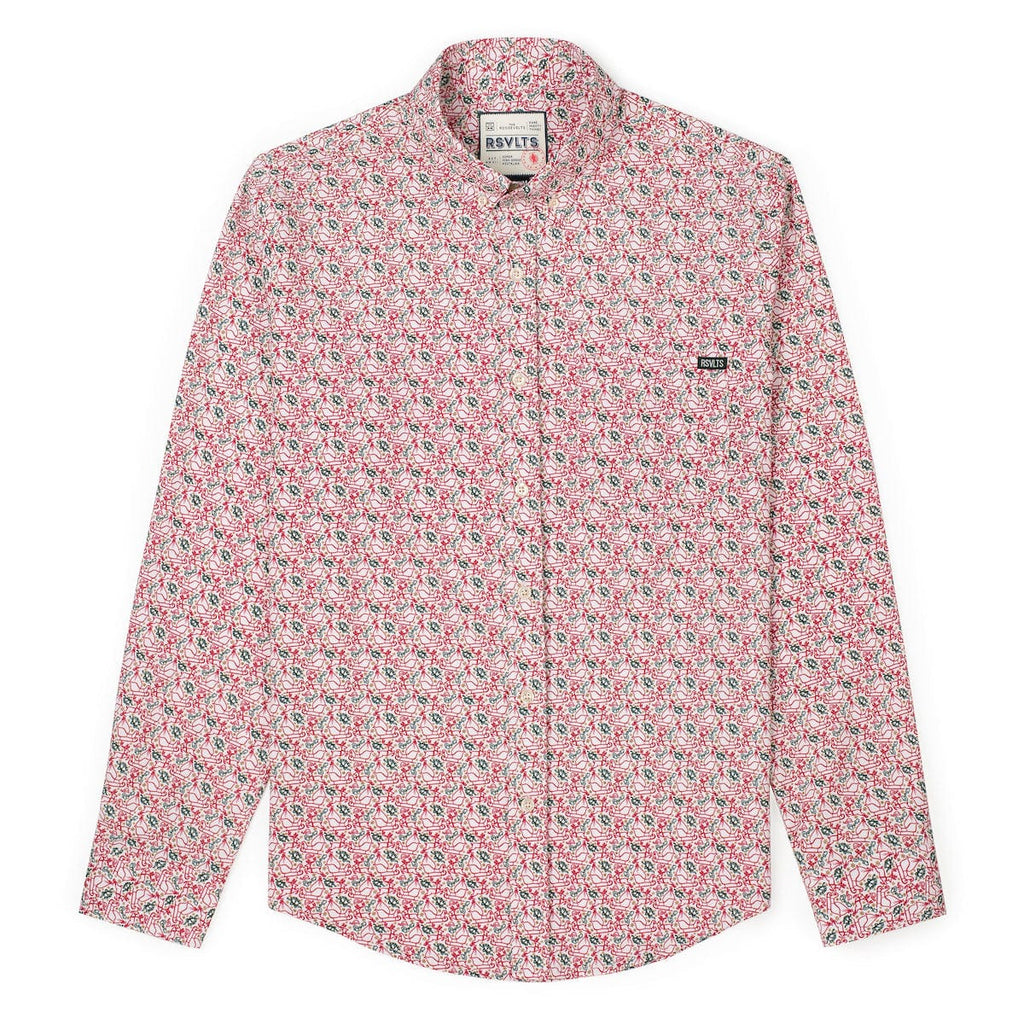 RSVLTS Merry Mashup Long Sleeve Shirt in Red — front view