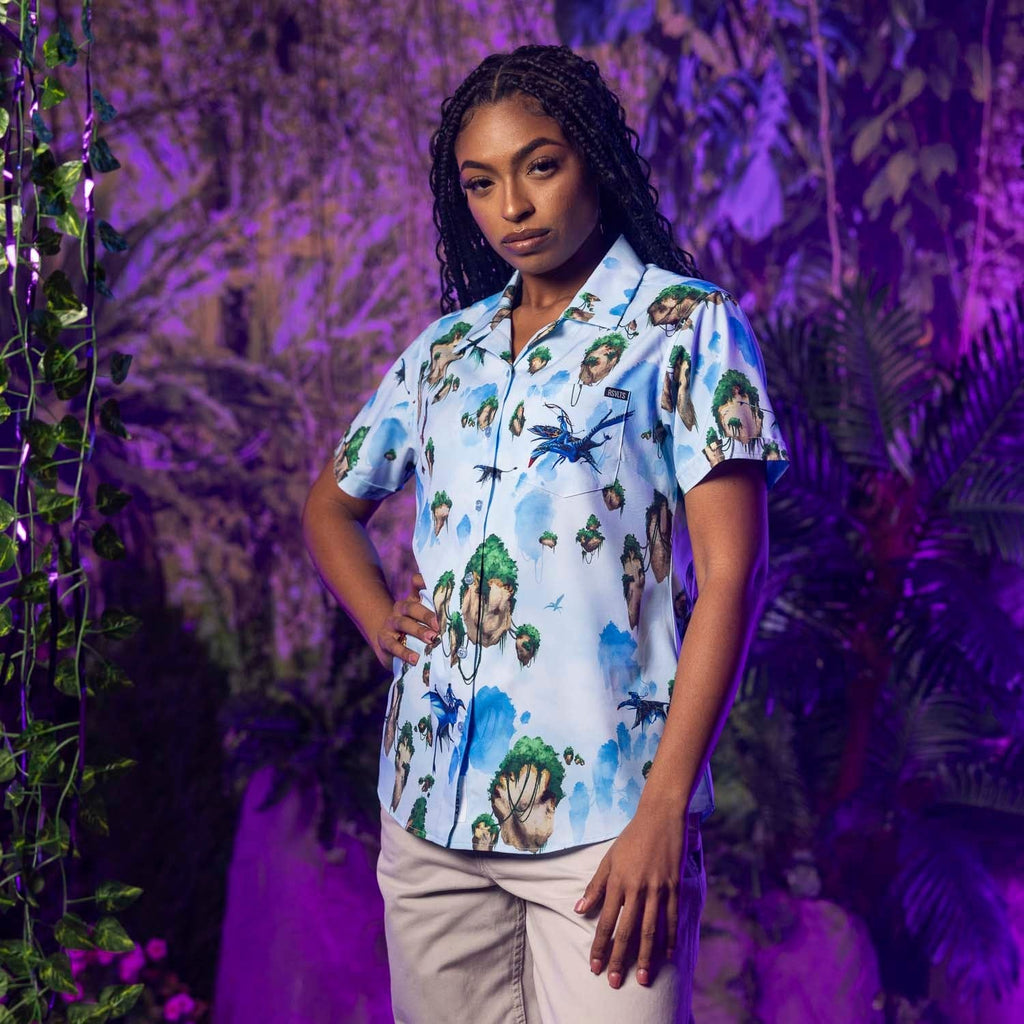 RSVLTS Hallelujah Mountains Women's KUNUFLEX Short Sleeve Shirt in Blue — front view