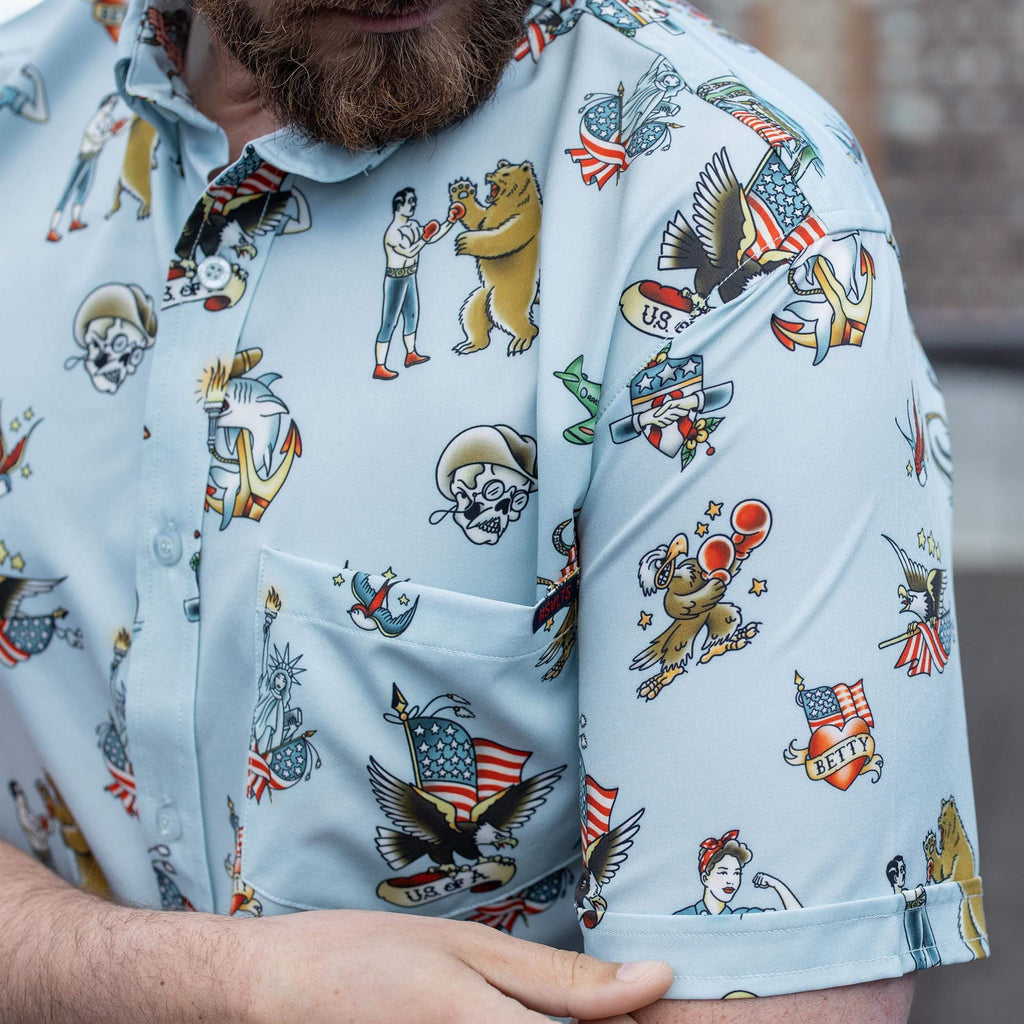 RSVLTS Grandpa’s Forearm KUNUFLEX Short Sleeve Shirt in Blue — detail 9