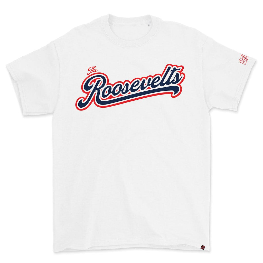 RSVLTS Roosevelts Road Trip Crewneck Tee in White — front view