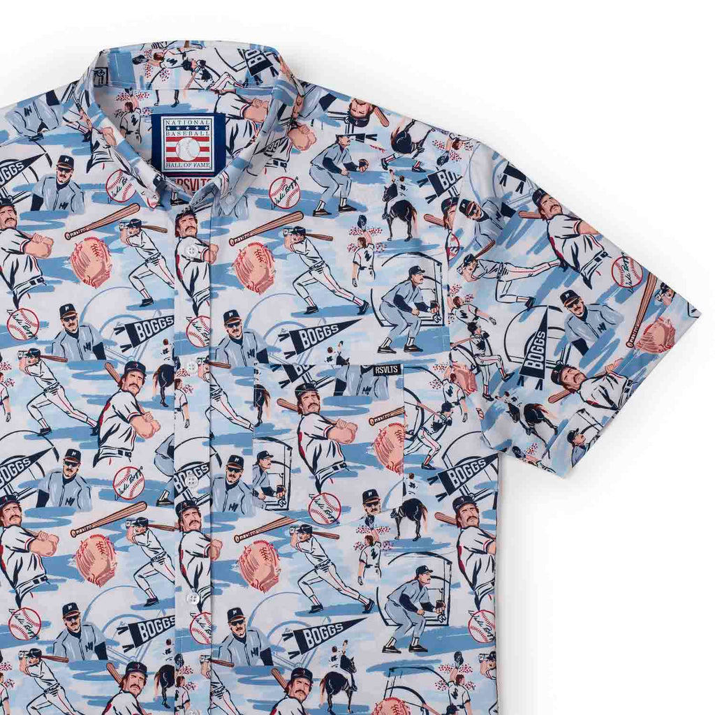 RSVLTS The Chicken Man KUNUFLEX Short Sleeve Shirt in Blue — front view
