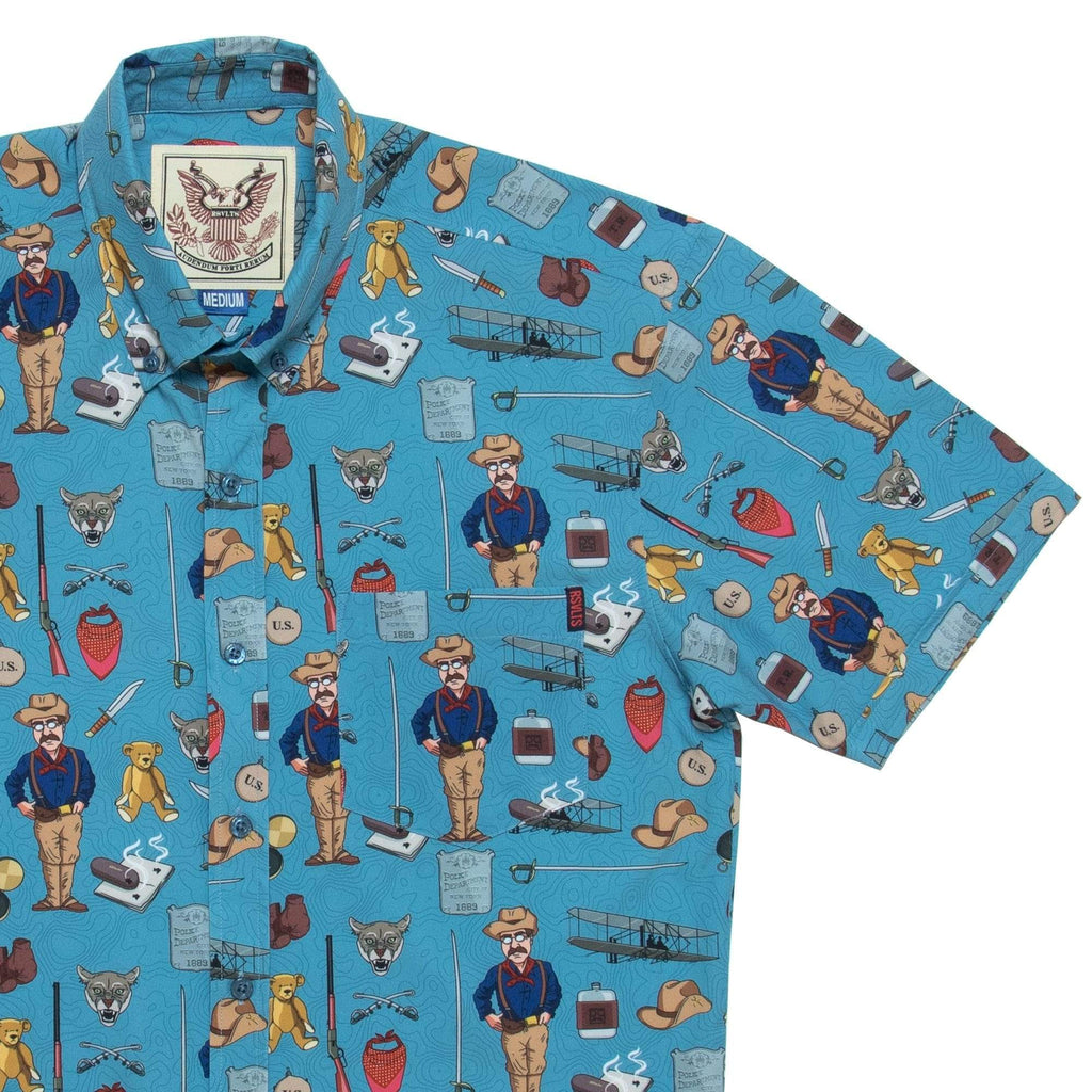 RSVLTS Man In The Arena KUNUFLEX Short Sleeve Shirt in Blue — front view