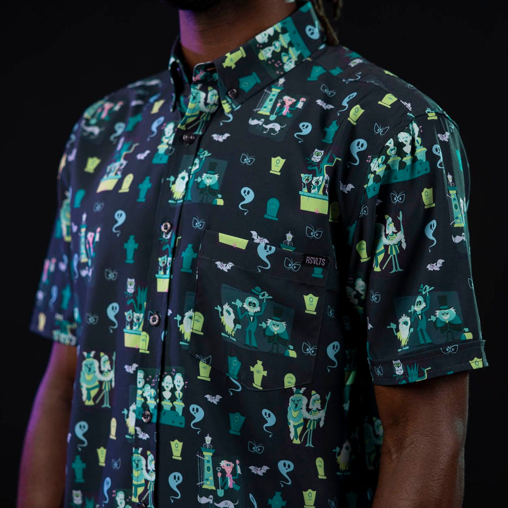 RSVLTS Grim Grinning Graveyard KUNUFLEX Short Sleeve Shirt in Black — detail 7