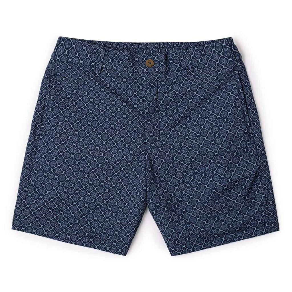 RSVLTS 'Roccan Tiles Bamboo Resort Shorts in Blue — front view
