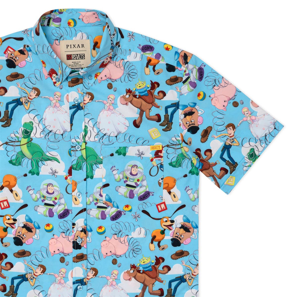 RSVLTS Andy's Toy Box KUNUFLEX Short Sleeve Shirt in Blue — front view