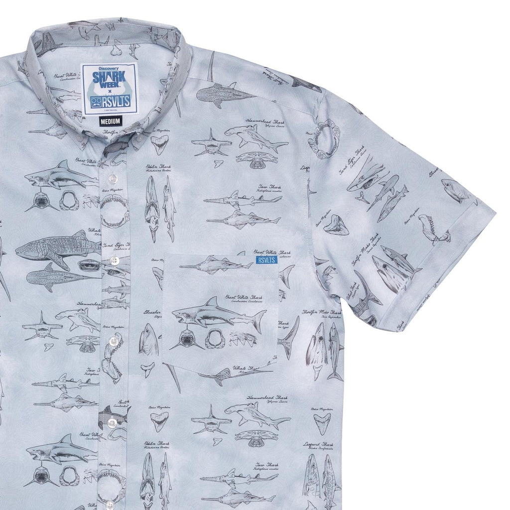 RSVLTS The Great Book of Sharks KUNUFLEX Short Sleeve Shirt in Gray — front view
