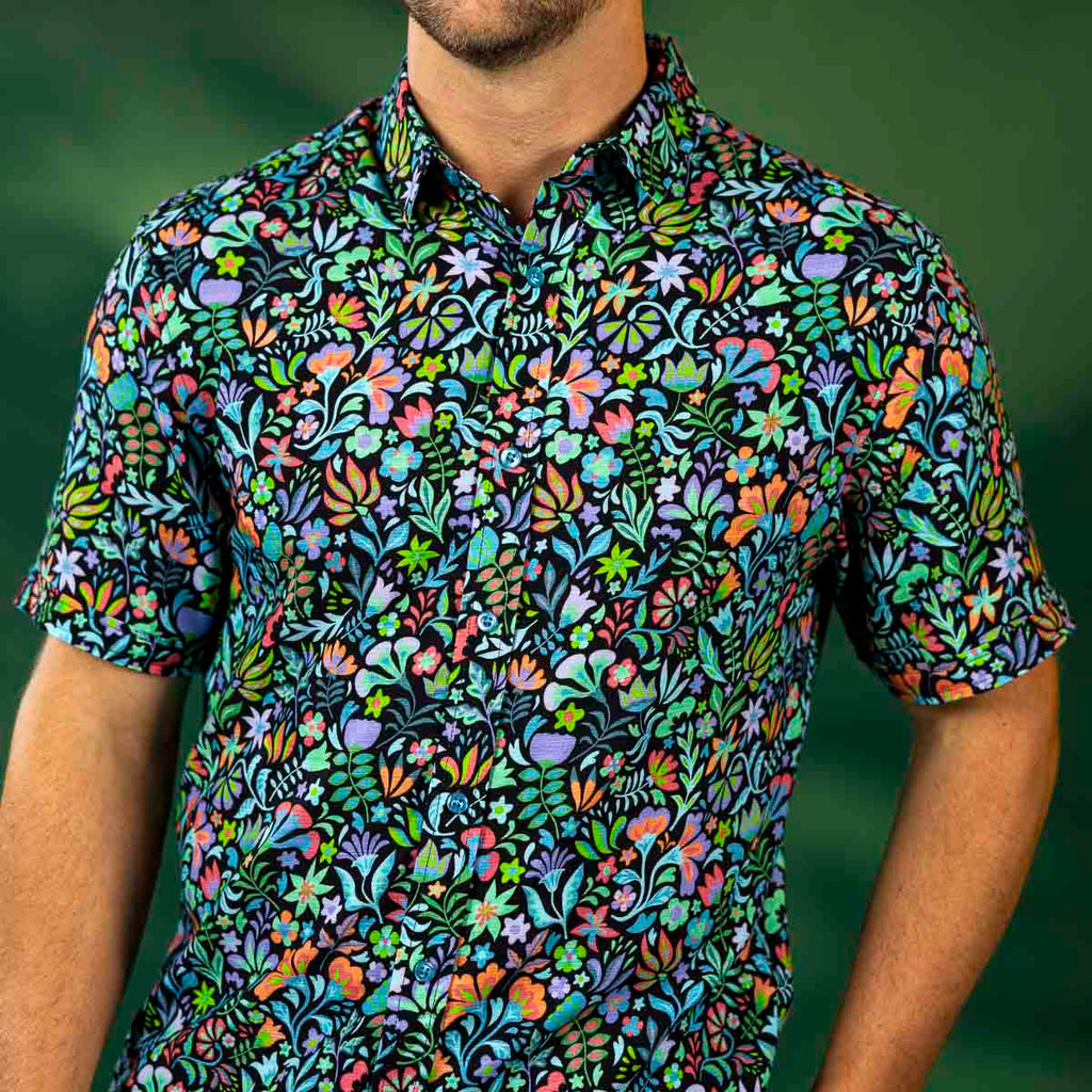 RSVLTS Kaleidos Bamboo Short Sleeve Shirt in Black — front view