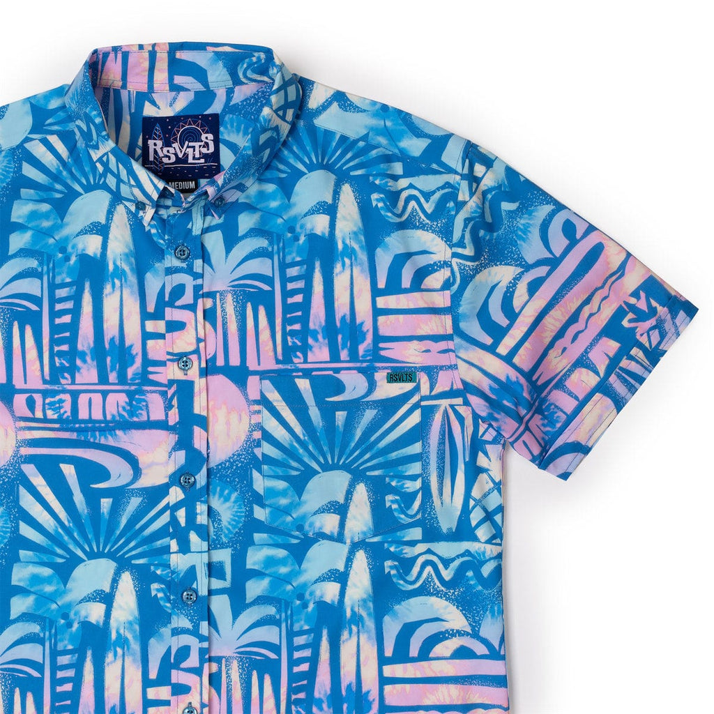 RSVLTS Chasing Mavericks KUNUFLEX Short Sleeve Shirt in Blue — front view
