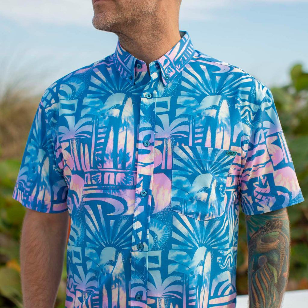 RSVLTS Chasing Mavericks KUNUFLEX Short Sleeve Shirt in Blue — detail 4