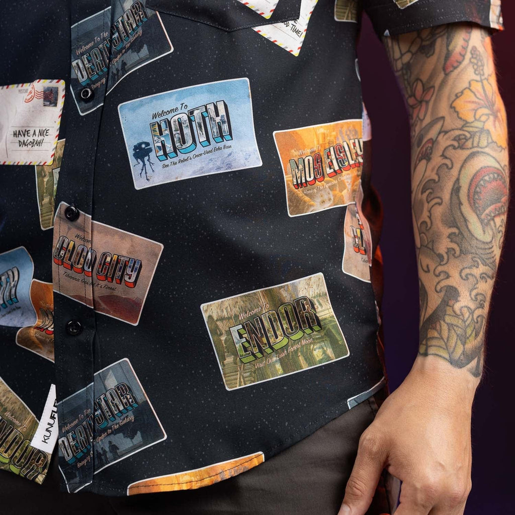 RSVLTS Greetings from Far, Far Away KUNUFLEX Short Sleeve Shirt in Black — detail 10