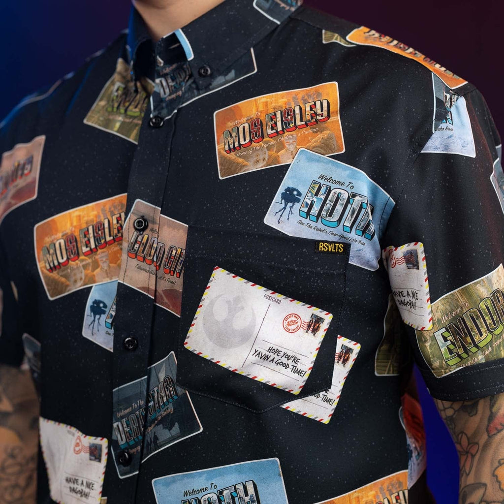 RSVLTS Greetings from Far, Far Away KUNUFLEX Short Sleeve Shirt in Black — detail 6
