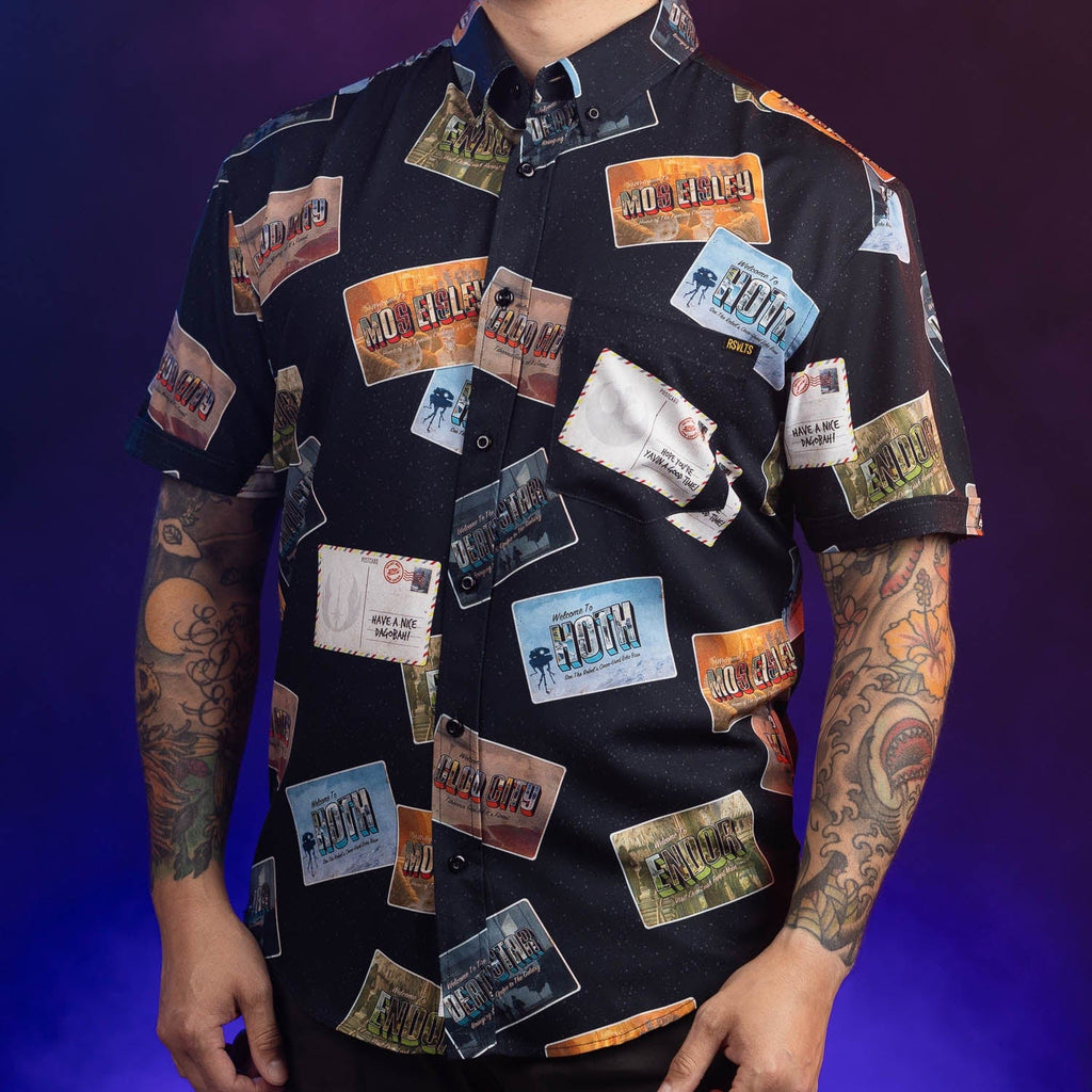 RSVLTS Greetings from Far, Far Away KUNUFLEX Short Sleeve Shirt in Black — detail 4