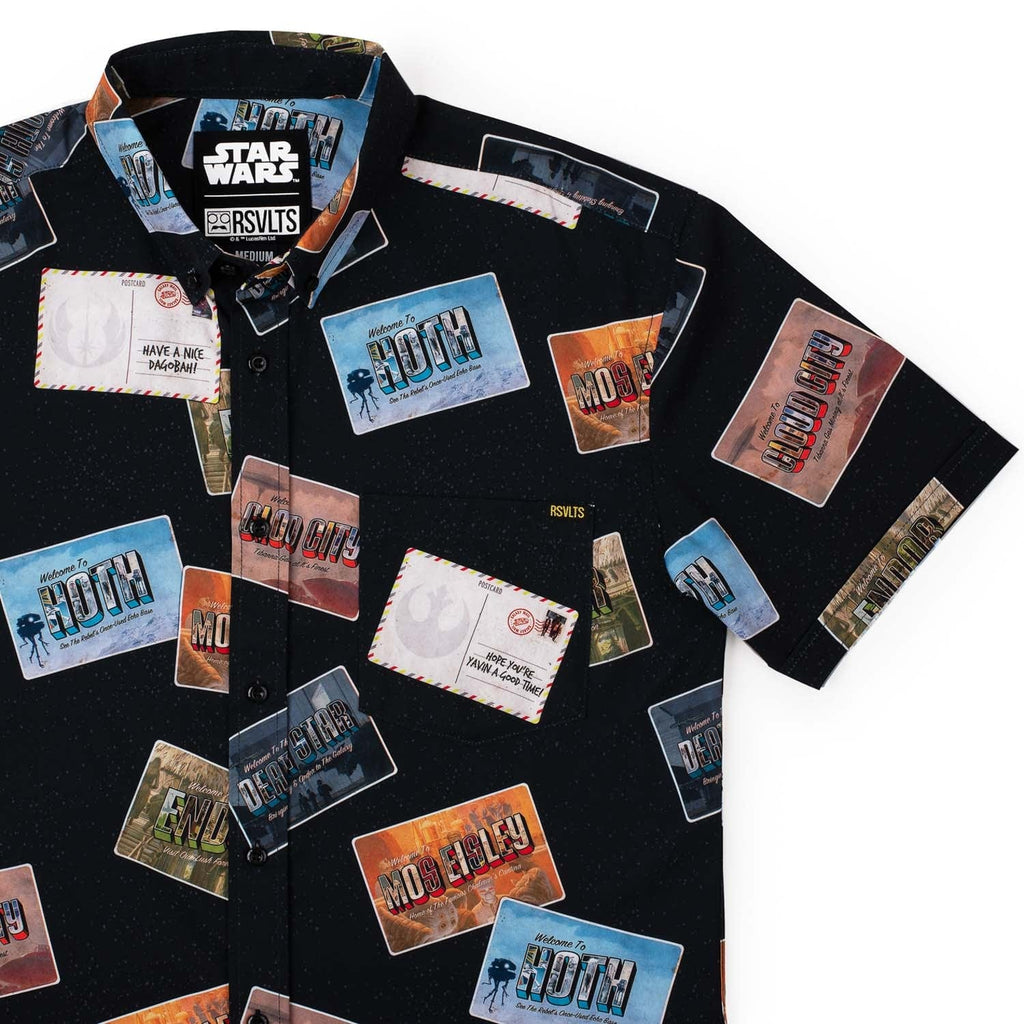 RSVLTS Greetings from Far, Far Away KUNUFLEX Short Sleeve Shirt in Black — front view