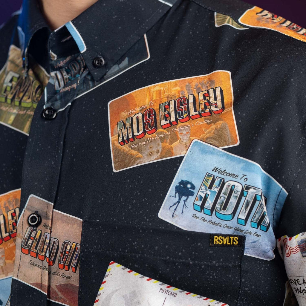 RSVLTS Greetings from Far, Far Away KUNUFLEX Short Sleeve Shirt in Black — detail 8