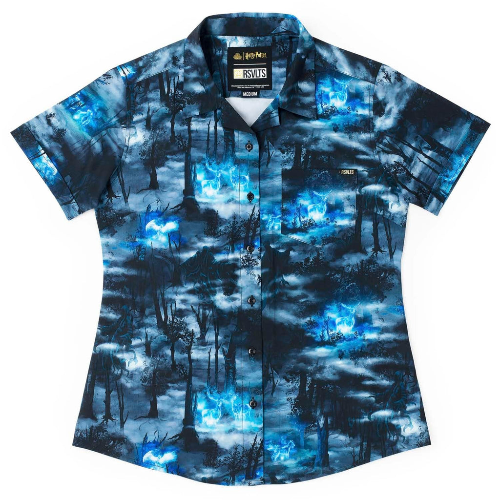 RSVLTS Expecto Patronum Women's KUNUFLEX Short Sleeve Shirt in Blue — front view