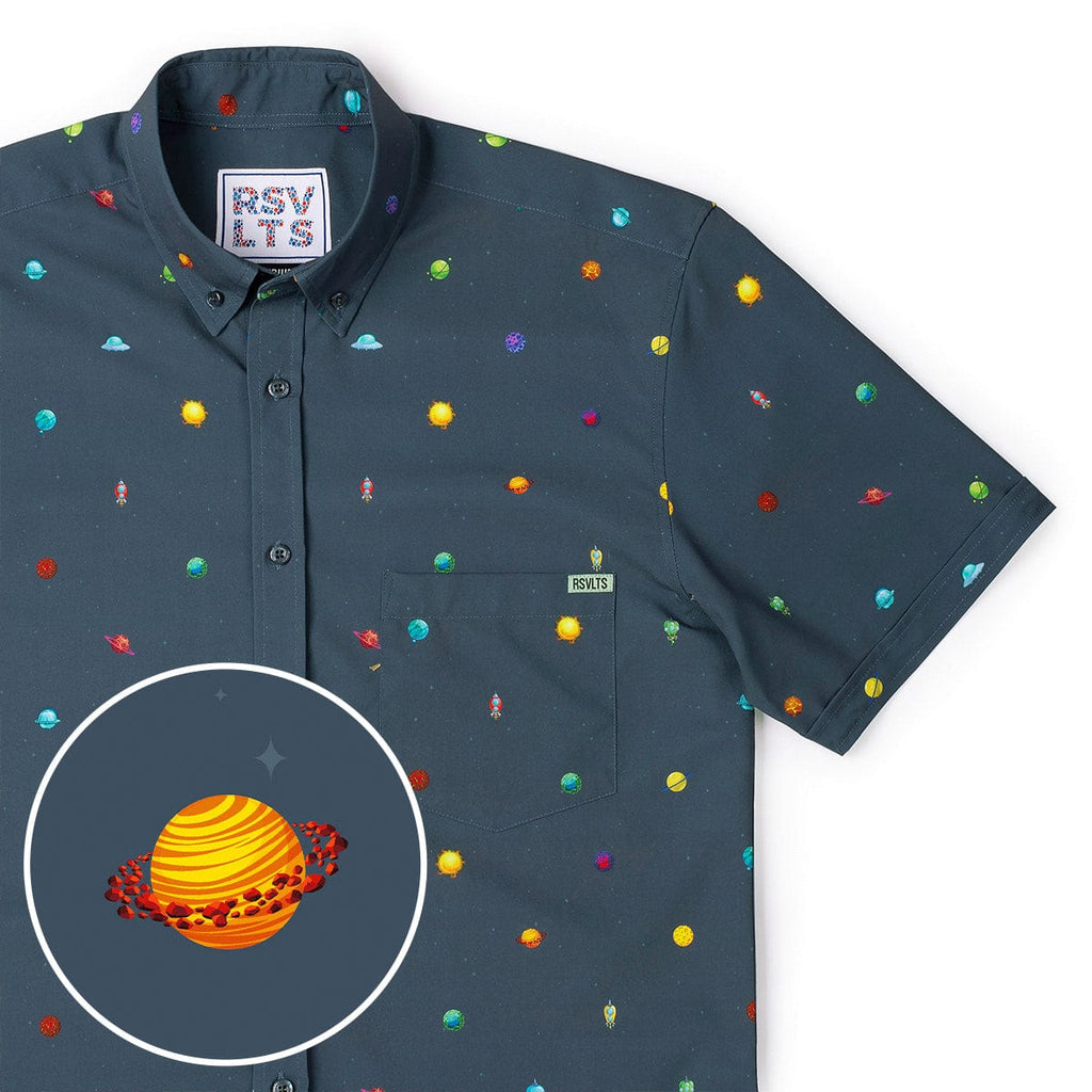 RSVLTS Intergalactic Planetarium KUNUFLEX Short Sleeve Shirt in Blue — front view