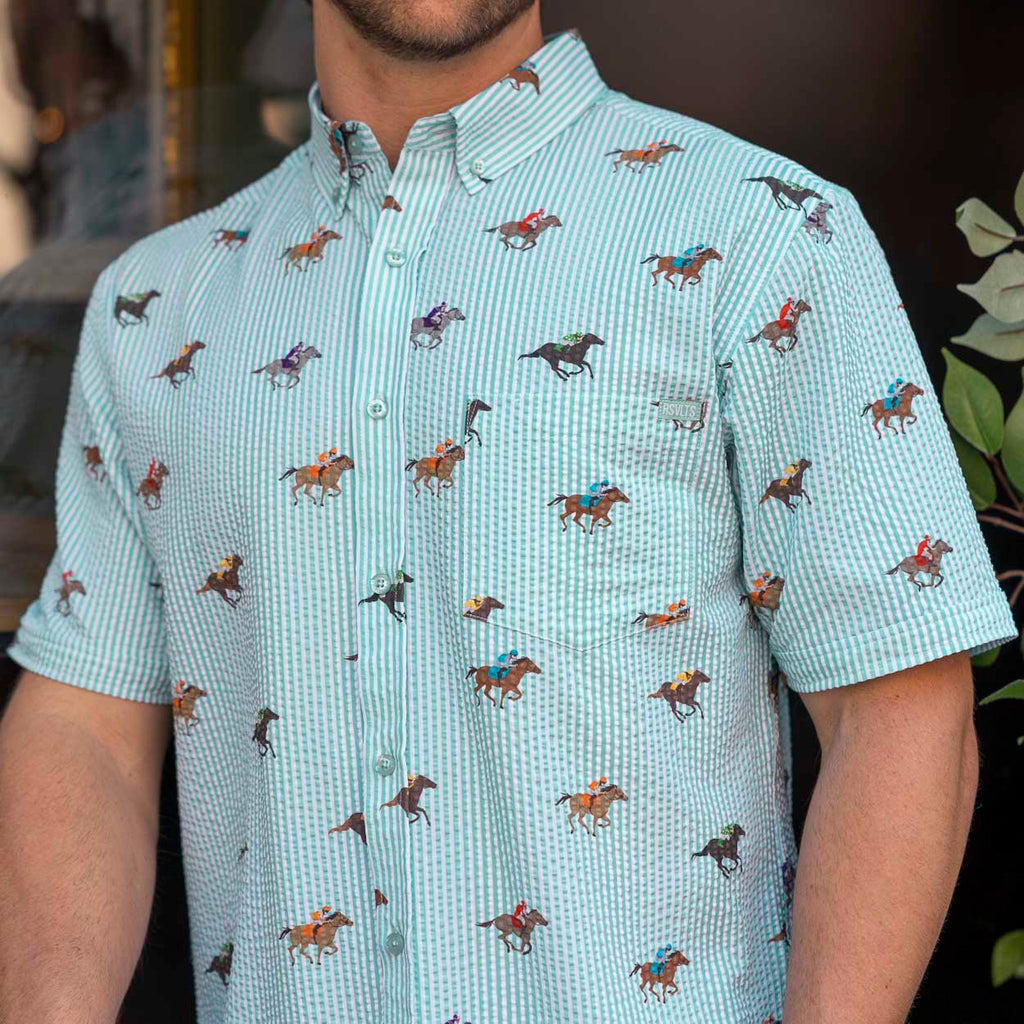 RSVLTS And They’re Off! Stretch Seersucker Short Sleeve Shirt in Blue — detail 2